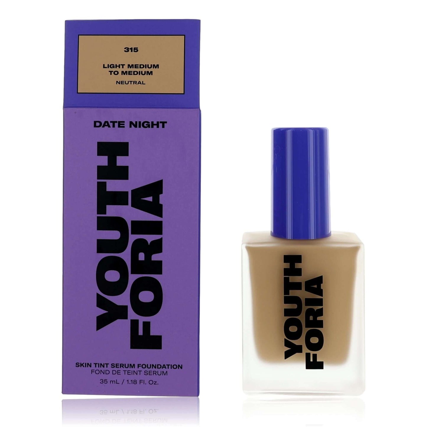 Skin tint serum foundation bottle with blue cap and beige liquid; boxed option.