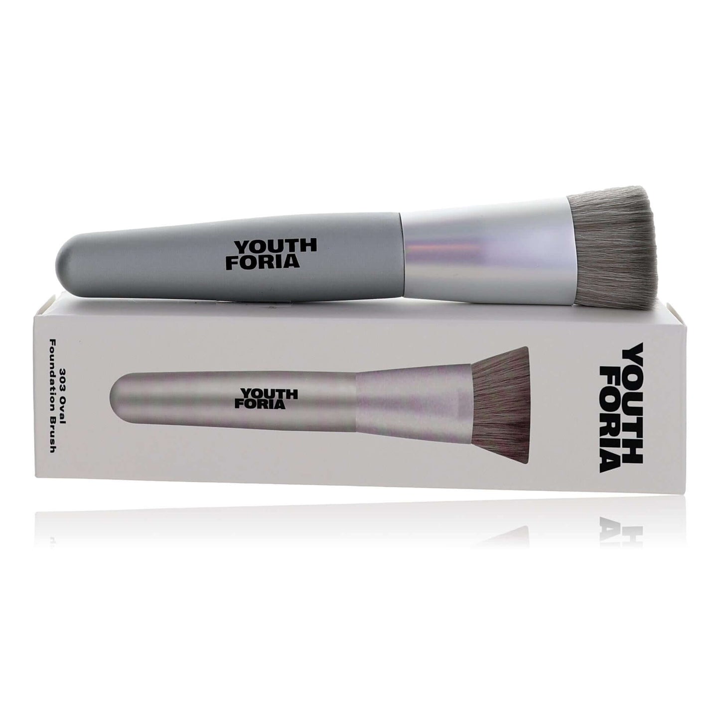 Oval foundation brush by Youthforia with oval bristle head and gray handle