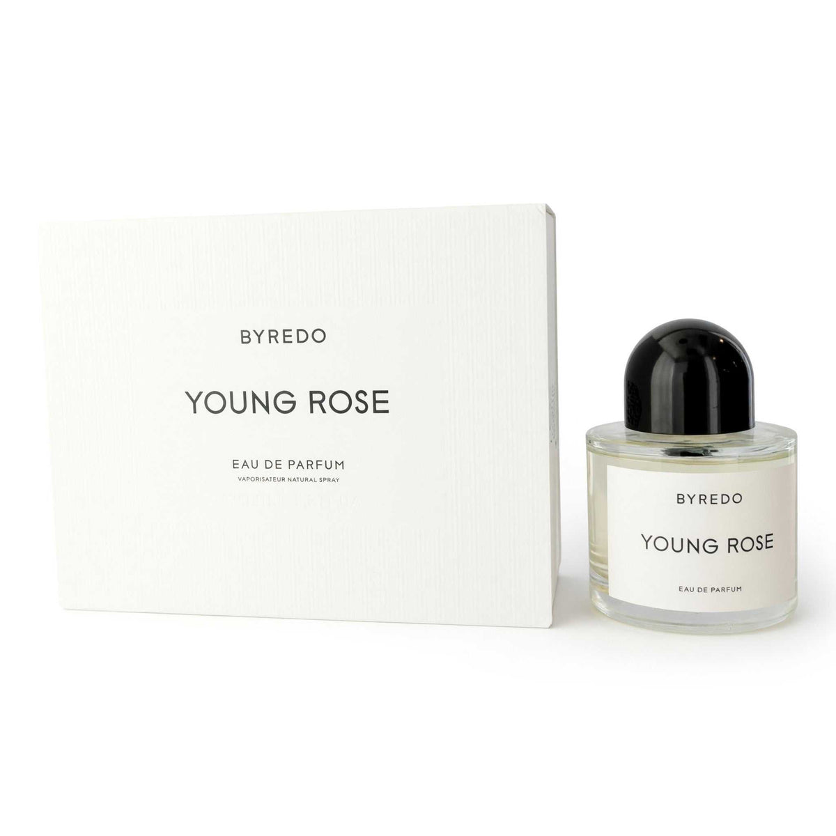 Byredo Young Rose eau de parfum spray bottle with black cap and matching box