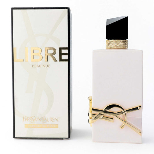 Libre L'eau Nue Eau de Parfum spray bottle with gold cap and ribbon detail, plus box