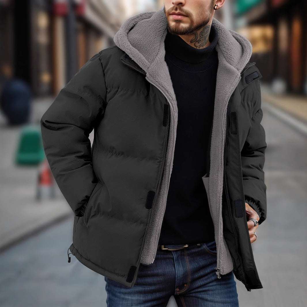 Men's thick ski down jacket in black with zip front and sherpa-lined hood