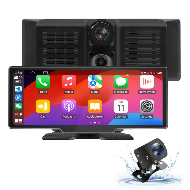 A promotional image showcasing a device compatible with Carplay and Android car mode, displaying various application icons such as music, maps, and phone.