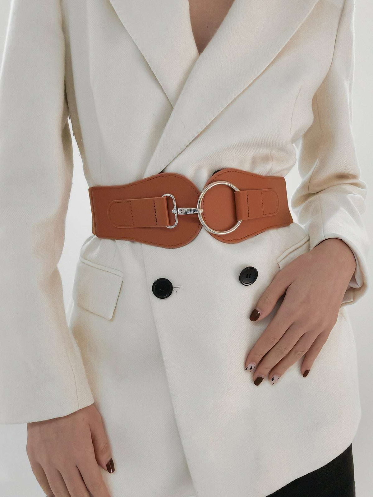 Caramel wide elastic belt with silver-tone oval ring buckle and adjustable strap