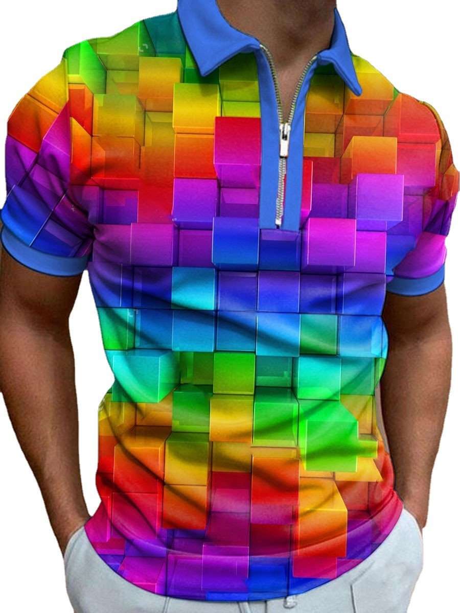 3D Printing Colorful Black Men's Zip Short Sleeve POLO Shirt