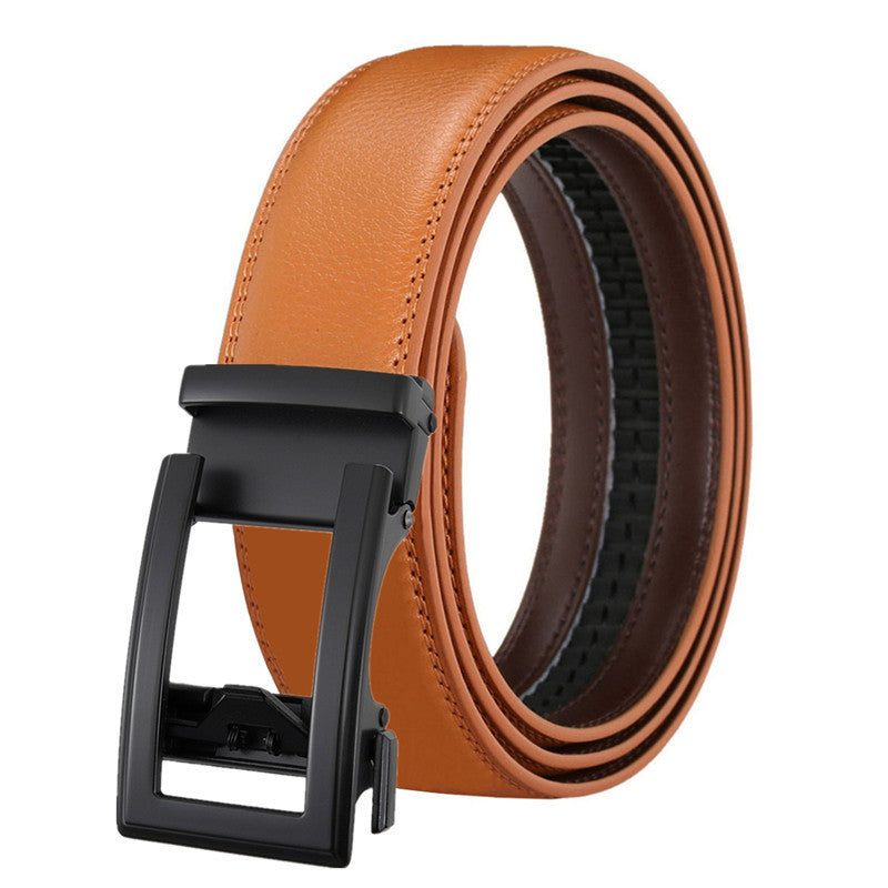 Men's Leather Belt Automatic Buckle Two-layer Cowhide Hollow in brown with automatic fastening and sleek design.