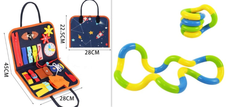 Children's tool set in a carrying case with measurements, alongside a toy snake.