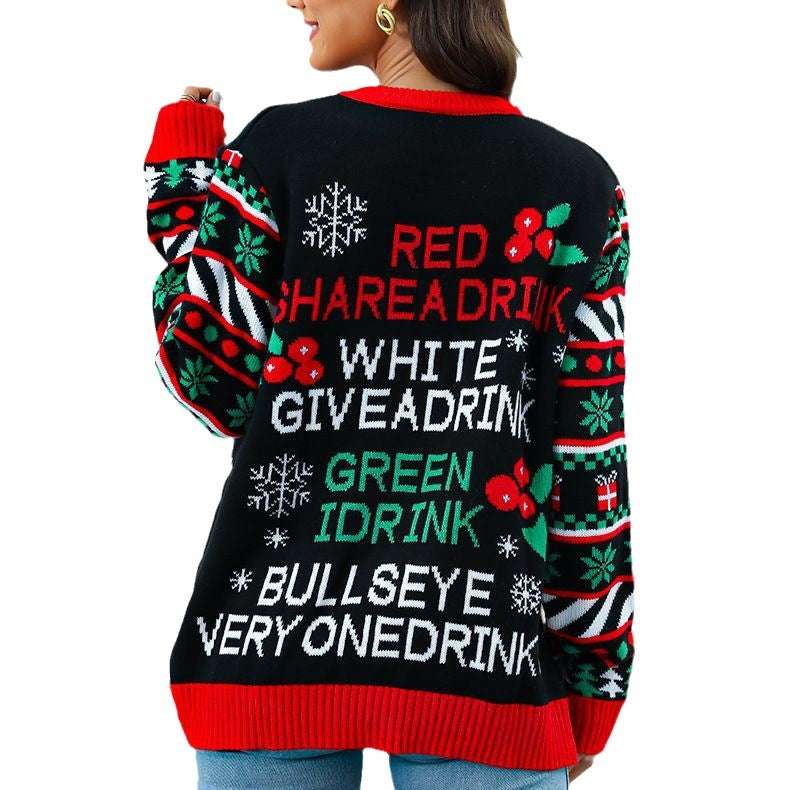 Black Christmas sweater with colorful text and patterns on a white background