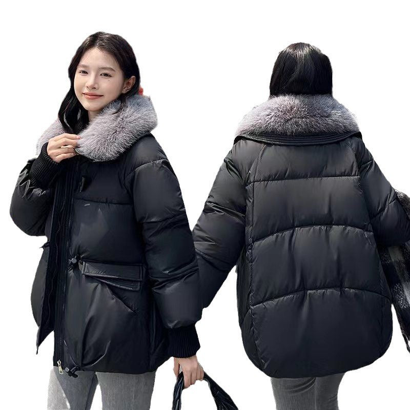 Black puffer jacket with fur collar worn by a person, shown from front and back on a white background.