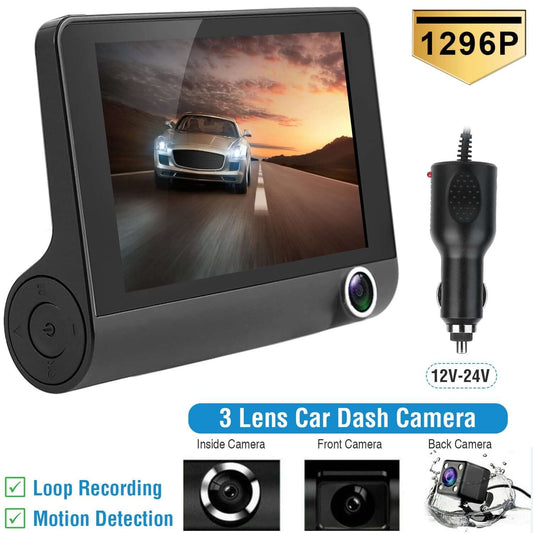 1296P 3-Lens Car Dash Cam - Front, Interior & Rear DVR Recorder 1296P Car DVR Dash Camera 4In 3 Lens Veh | Ectron Online