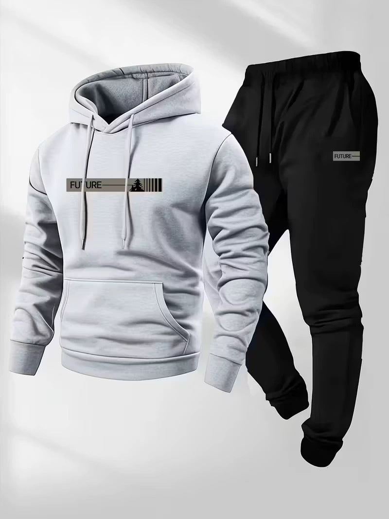 Men's loose-fit hoodie and pants set, light gray hoodie with kangaroo pocket and drawstring hood, black pants