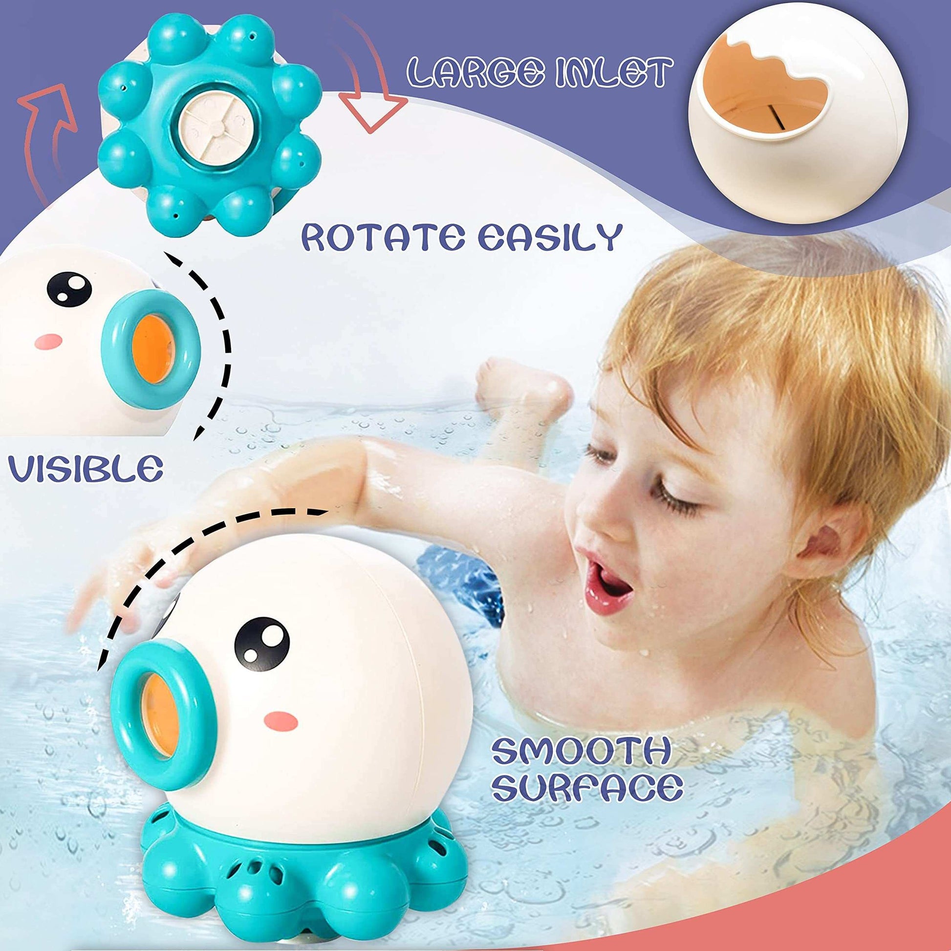 Child playing with a bath toy in a bathtub, with text highlighting features like 'Large Inlet', 'Rotate Easily', and 'Smooth Surface'.
