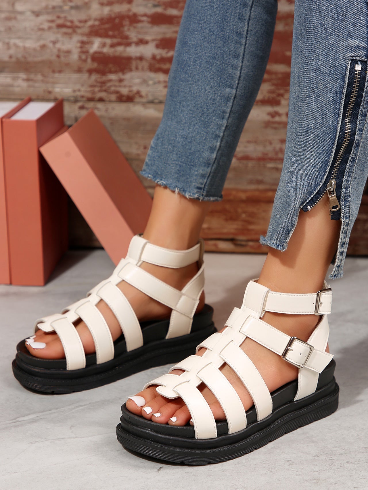 Hollow-out Belt Buckle Platform Pig Cage Sandals Women's Foreign Trade Roman Shoes