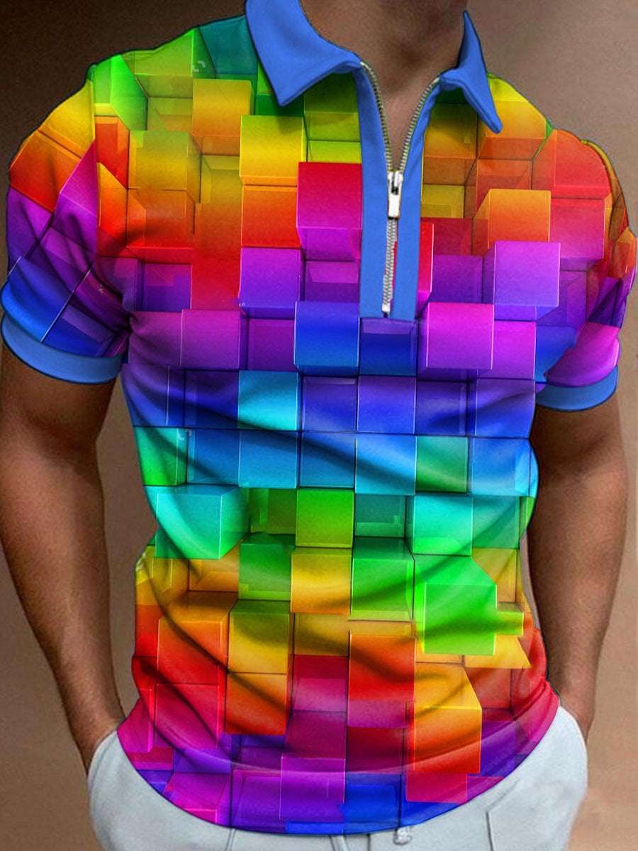 3D Printing Colorful Black Men's Zip Short Sleeve POLO Shirt