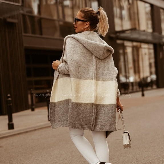 Color Matching Hooded Knit Cardigan Coat Women's Long Sleeve