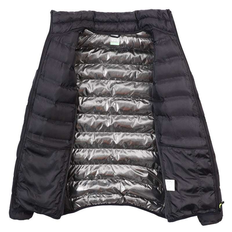 Black padded stand-collar jacket open front showing silver-toned inner lining