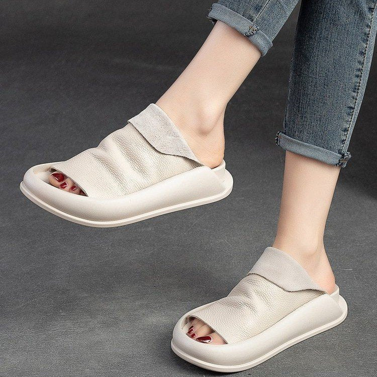 Peep Toe Flat Slippers Top Layer Cowhide