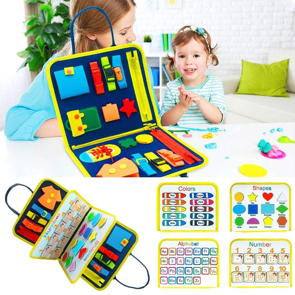 Children's educational toy with colorful shapes and learning charts, used by two children.