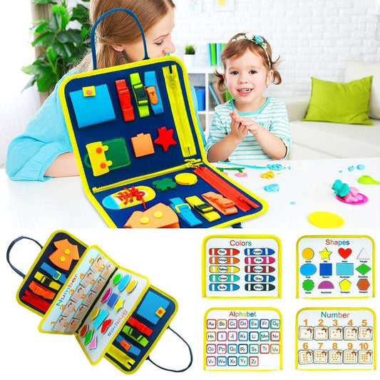 Children's educational toy with colorful shapes and learning charts, used by two children.
