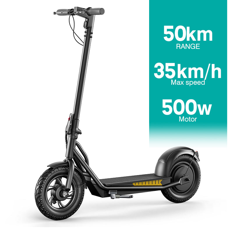 Electric scooter in black, side view with front headlight and 12-inch tires