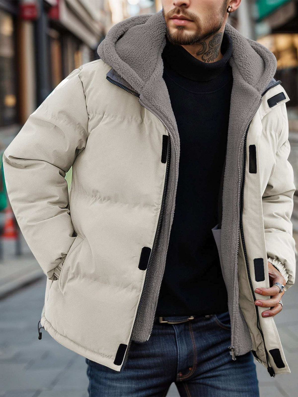 Men's thick ski down jacket in light beige with zip front and sherpa-lined hood