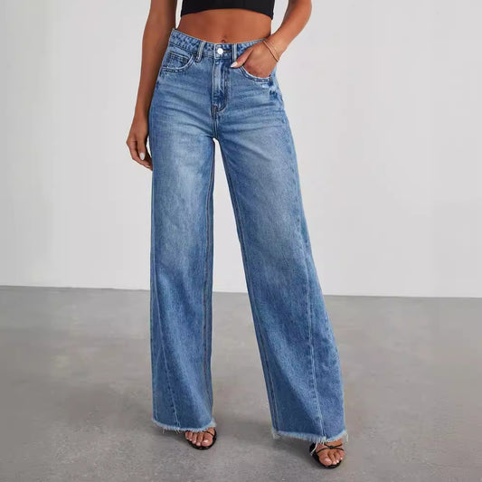 Women's Loose Wide-leg Side Seam Stitching Frayed Hem Jeans Women's Loose Wide-leg Side Seam Stitchi | Ectron Online