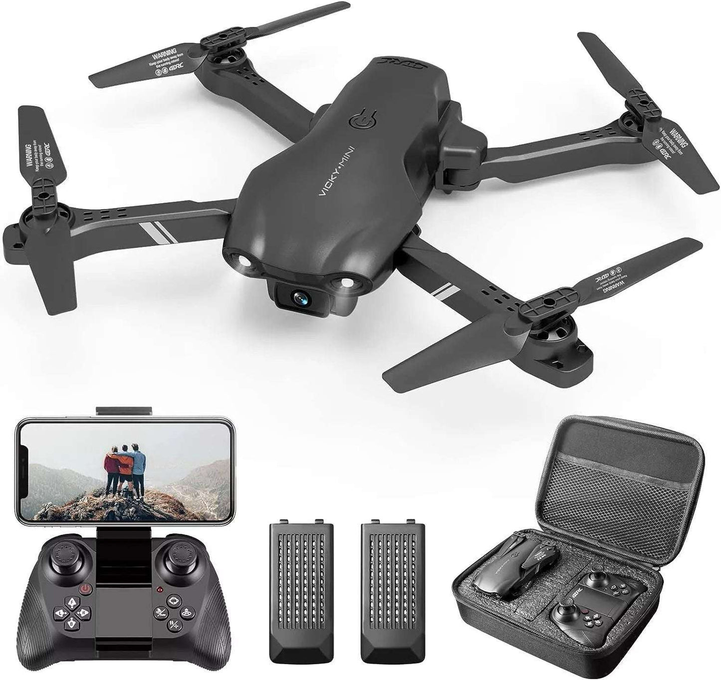 RC quadcopter drone kit with controller, two battery packs, and a hard storage case