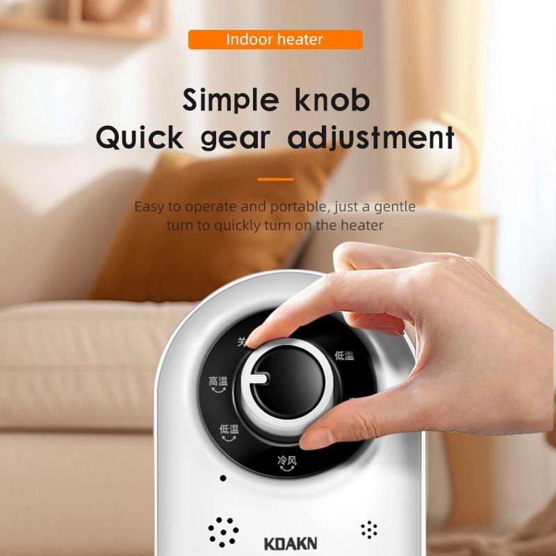 White indoor heater with hand-adjusted rotary knob control, compact tower body