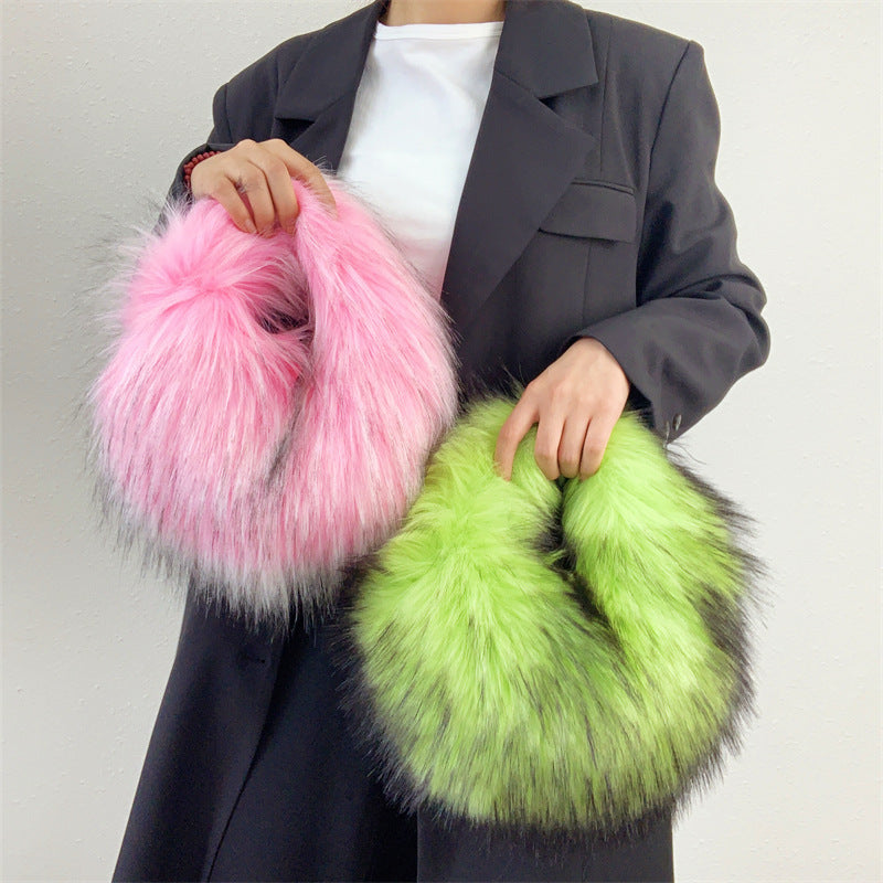 Artificial Raccoon Fur Ball Bag Plush Unique Punk Style Y2g