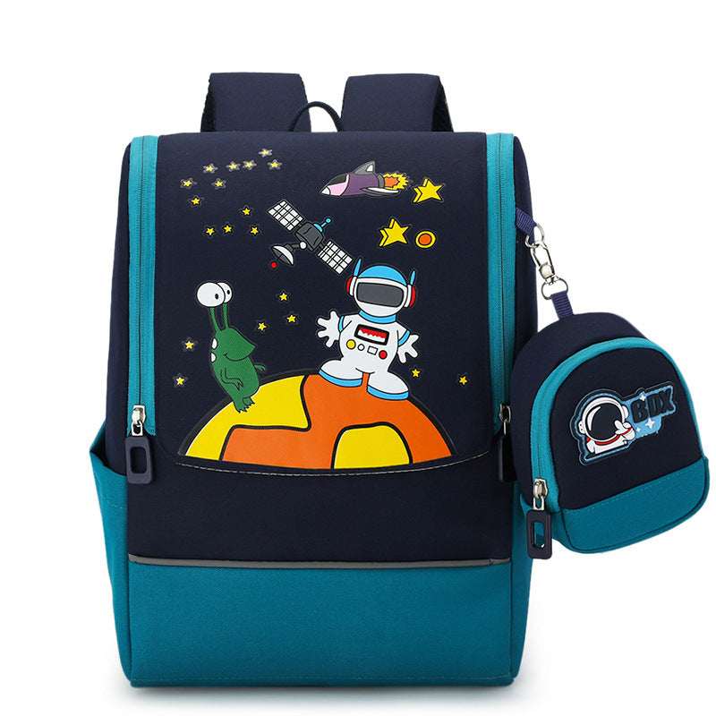 Kids cartoon astronaut backpack in dark navy and teal with front zipper pocket and pouch