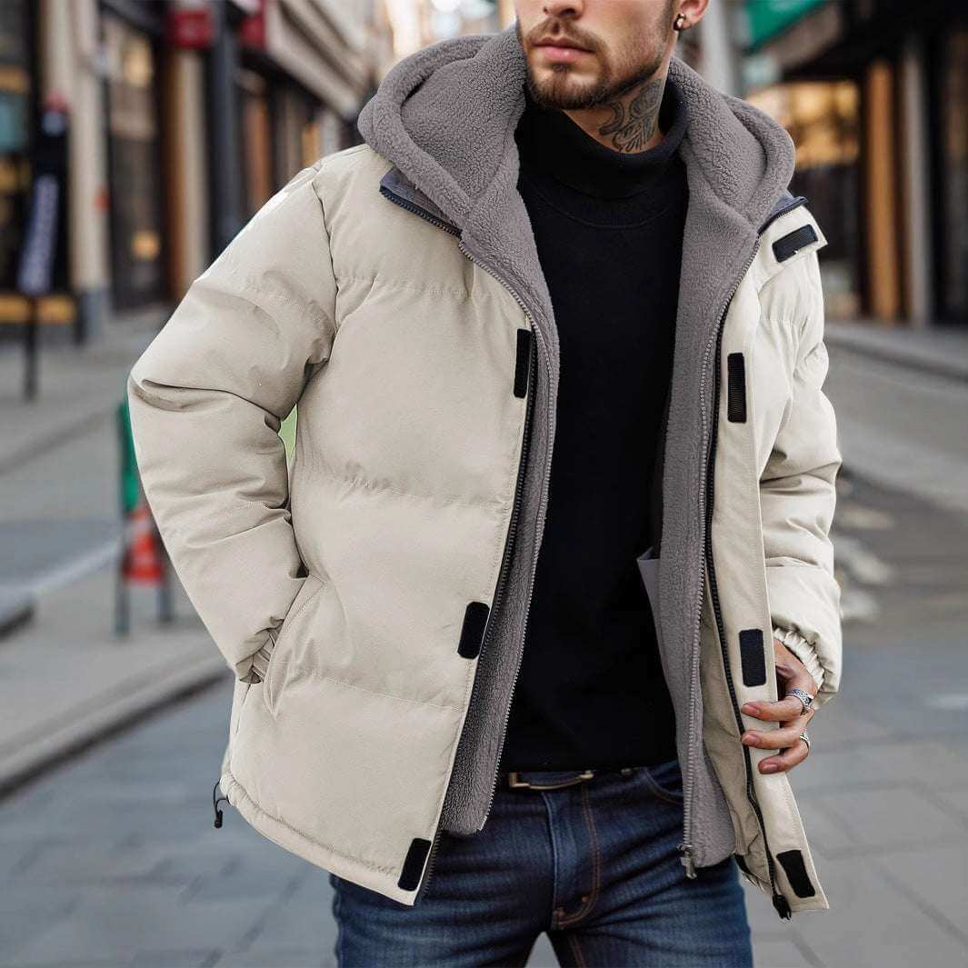Men's thick ski down jacket in beige with zip front and sherpa-lined hood