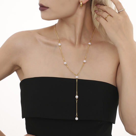 Stainless Steel Pearl Y-shaped Clavicle Chain Light Luxury Tassel Necklace For Women