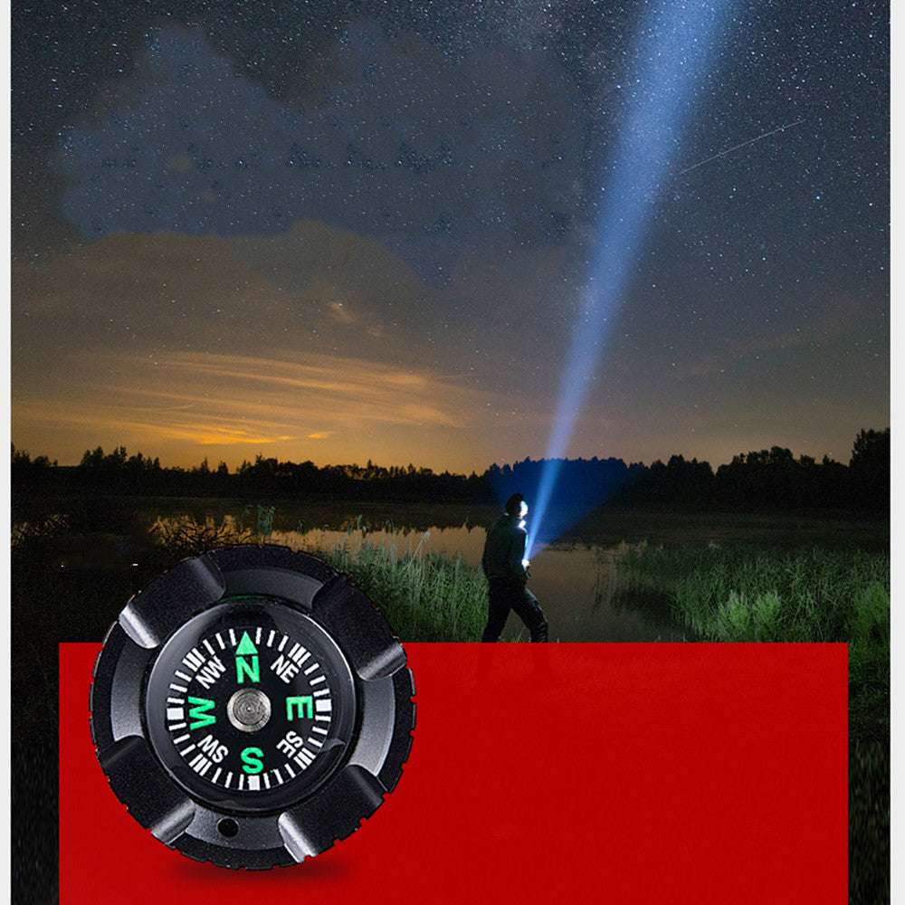 Person using a flashlight in a night scene with a compass overlay on a red background