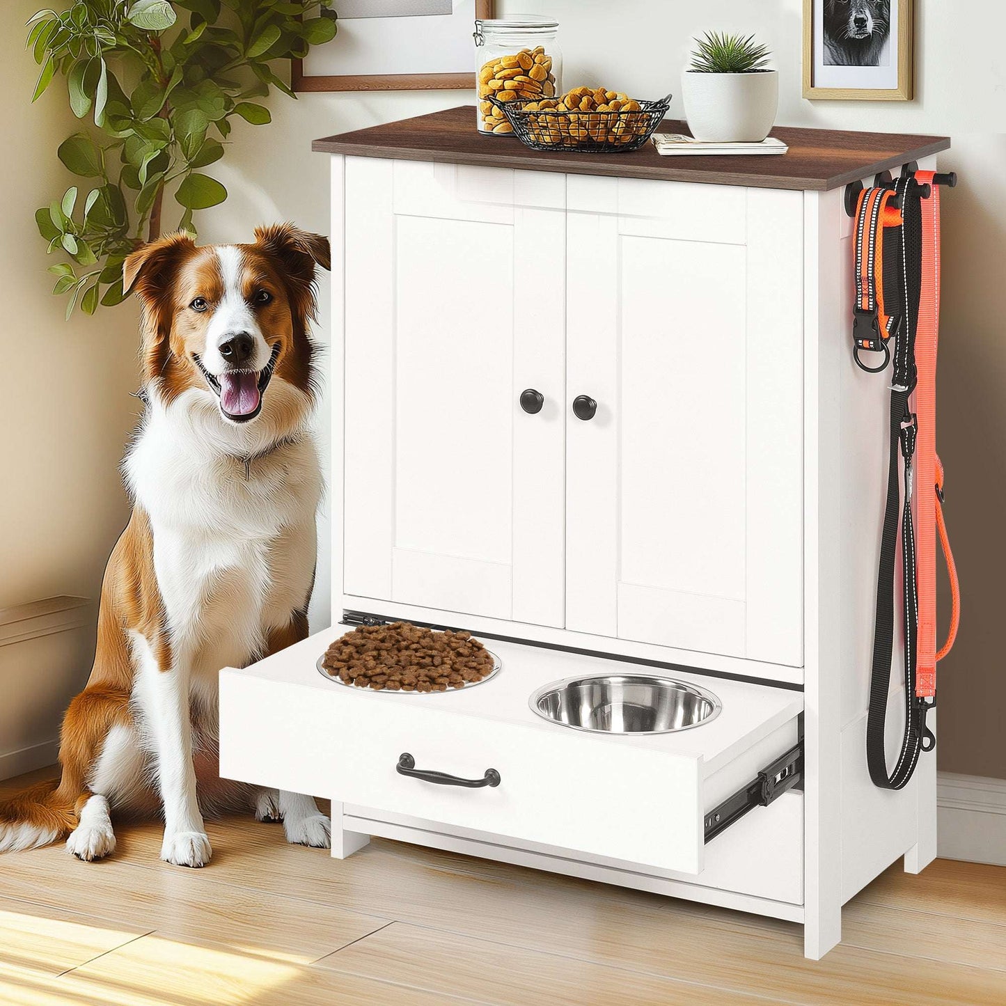 White dog feeding station cabinet with double doors, stainless bowl, and pull-out tray