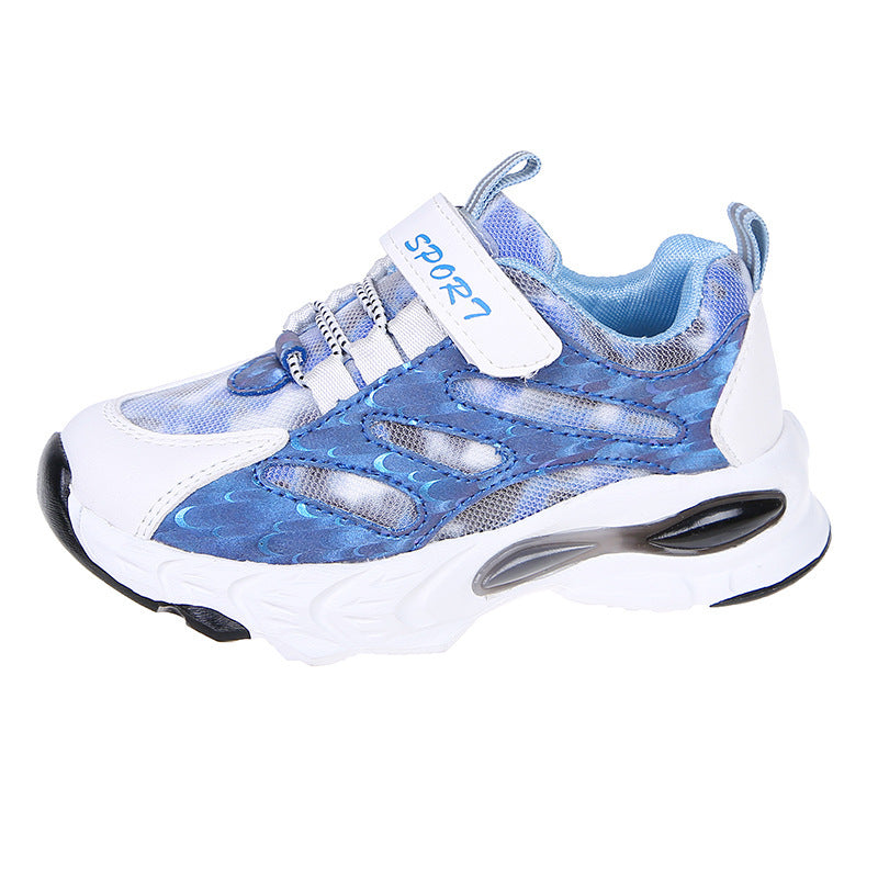 Kids running shoes, light blue patterned with white Velcro strap and black side pods