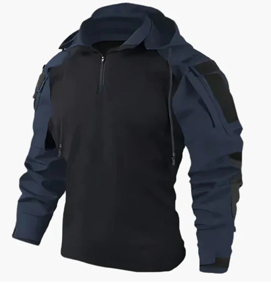 Black tactical hoodie with shoulder pads on a white background