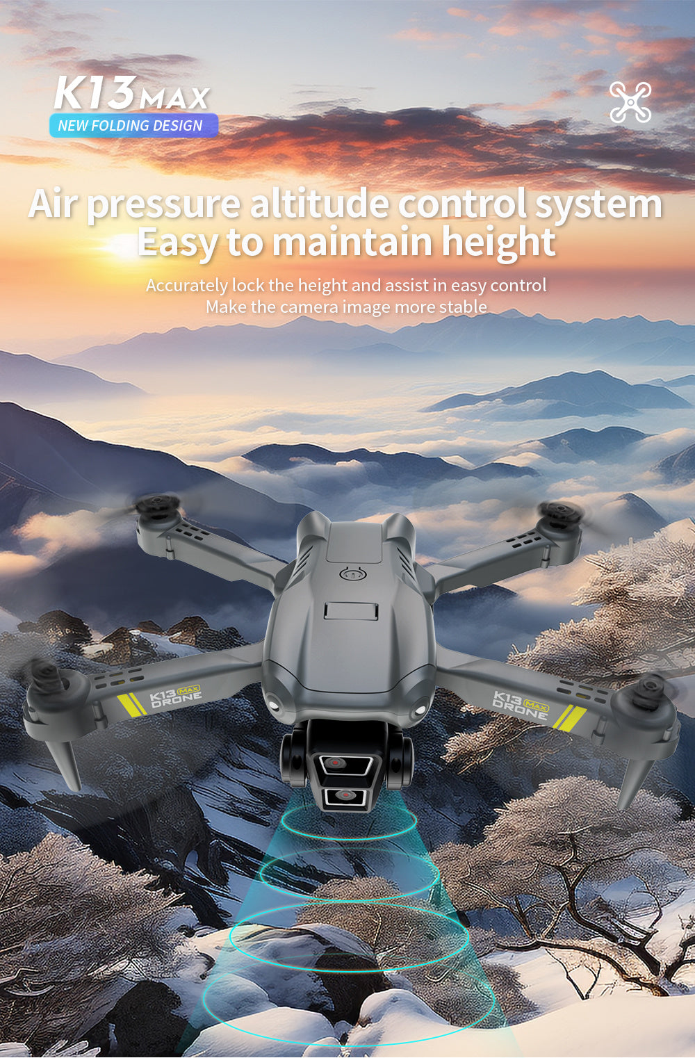 TheK13 Smart Camera Drone With 2 Batteries Features Real-time Image Transmission From A Single Camera. It Has One-click Touch And Landing Functions. This Is A Foldable Remote-controlled Drone Toy, Ma