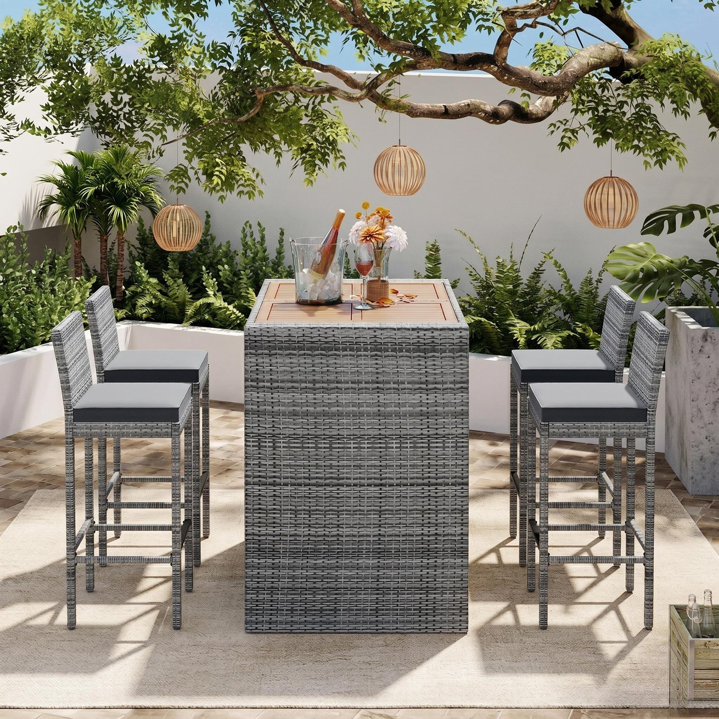 5-Piece Outdoor Patio Wicker Bar Set - Acacia Wood Top & Gray Wicker