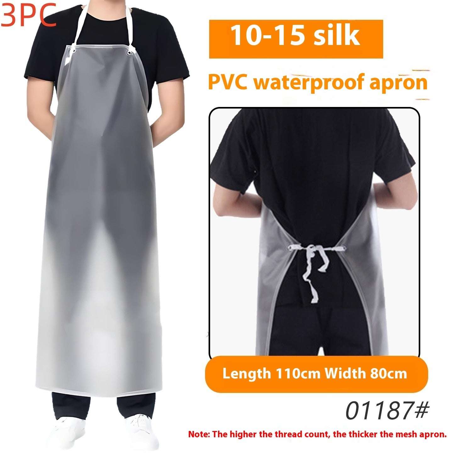 PVC waterproof apron with dimensions and thread count information on a white background