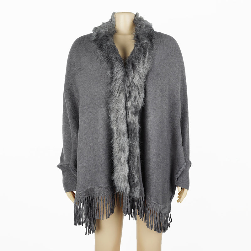 Women's Faux Fur Trim Cardigan | Fringe Hem Winter Poncho Coat