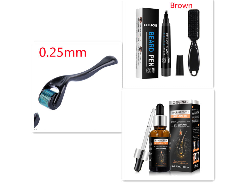 Collection of grooming products including a beard pen, roller, and serum on a white background.