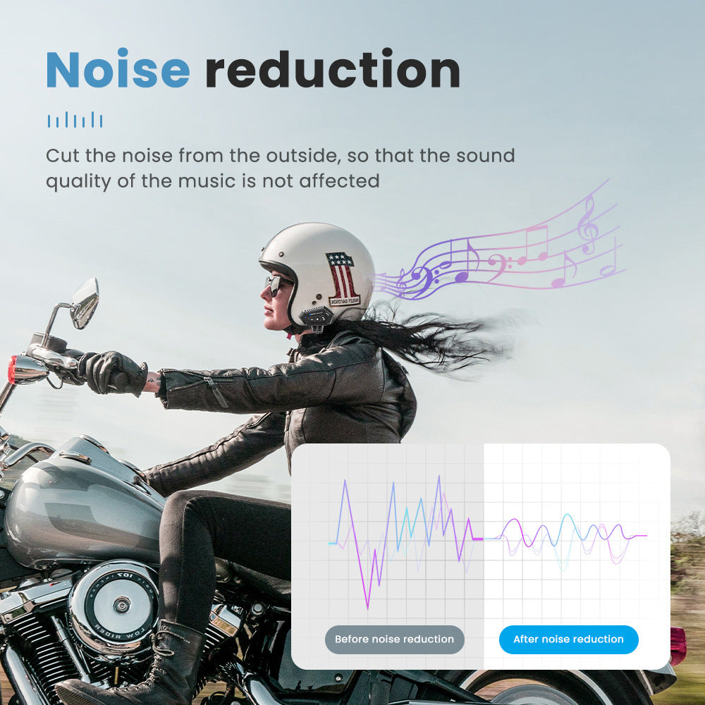 Person riding a motorcycle with noise reduction graphic overlay