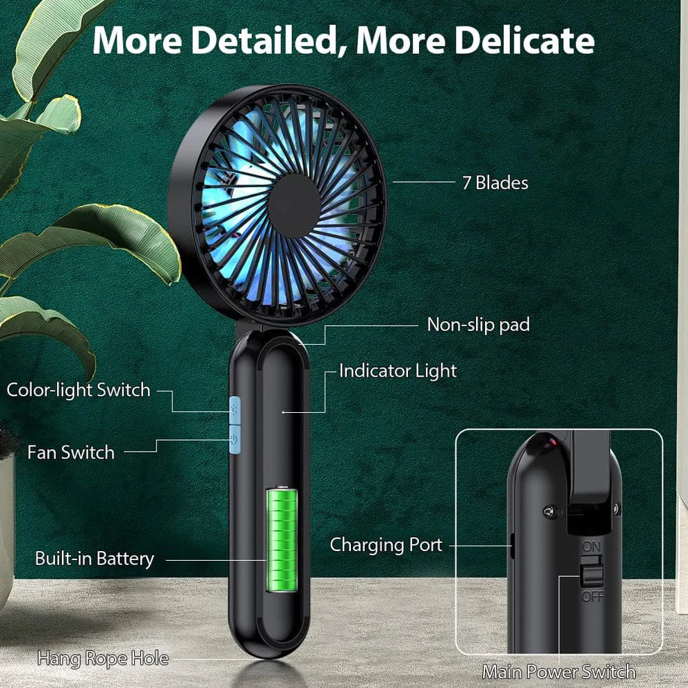 Portable handheld fan, personal USB handheld fan with RGB color lights, 5-speed foldable desk fan with rechargeable battery - Ectron Online