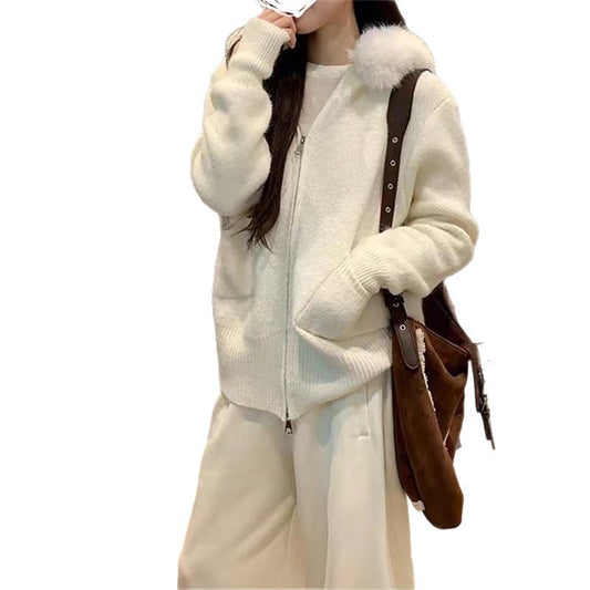 Maillard Coffee Color Fur Collar Hooded Sweater Coat Casual Style