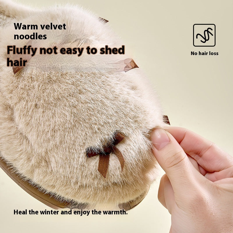 Women's Cute Plush Slippers – Bow Knot, Warm & Thick Sole