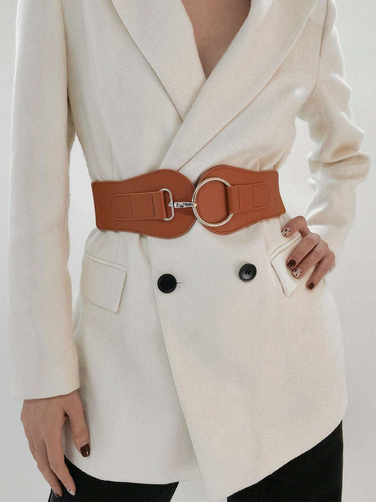 Caramel PU wide elastic belt with double keeper straps and oval ring buckle