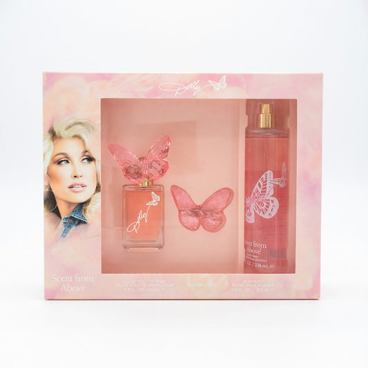 Women’s 3-piece perfume gift set box with pink butterfly print and bottles