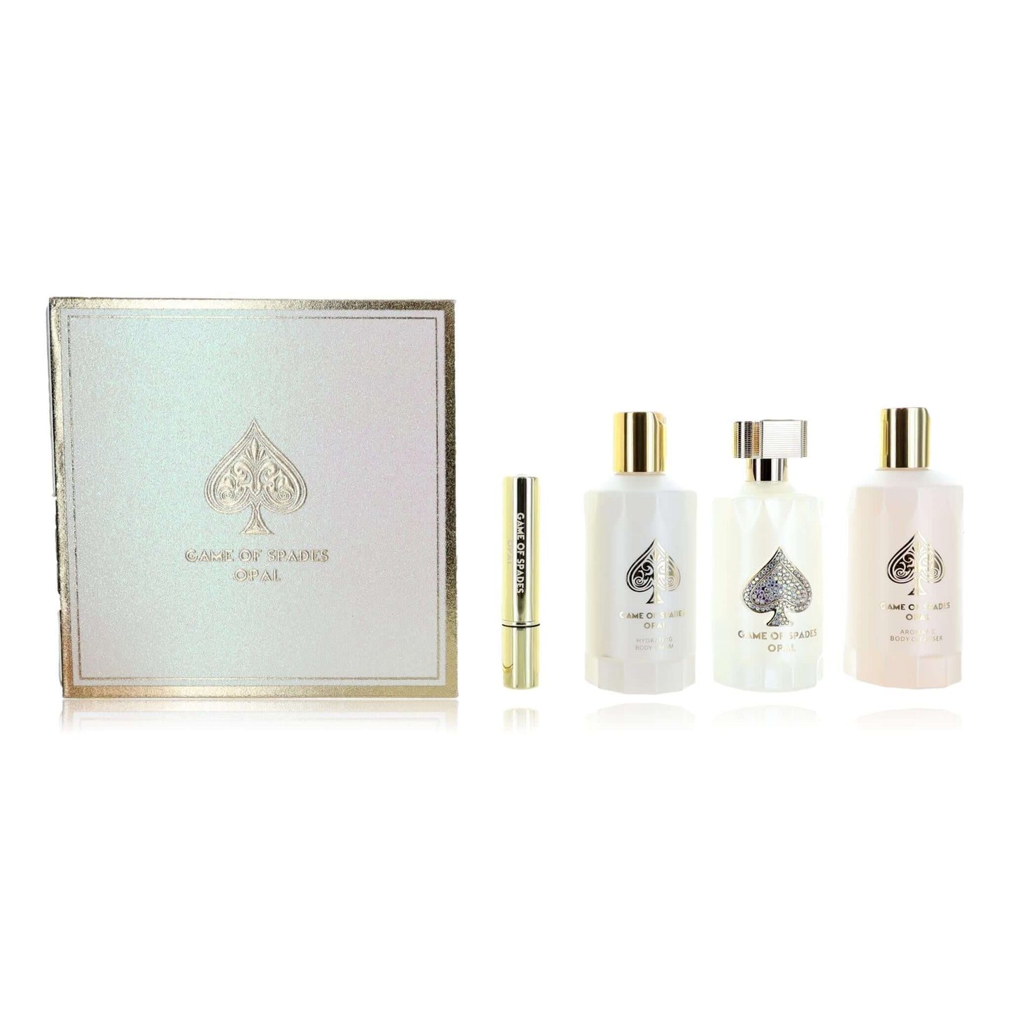 Game of Spades Opal 4-piece gift set: boxed design and white spray bottles