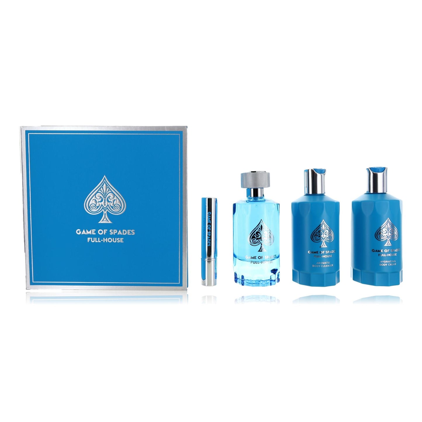 4-piece fragrance gift set with blue box and three Eau de Parfum bottles
