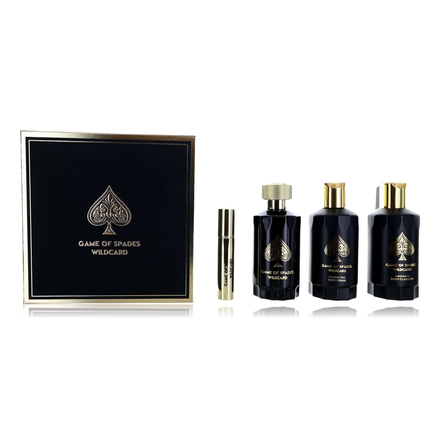 Game of Spades Wildcard gift set: black bottles with gold caps and display box