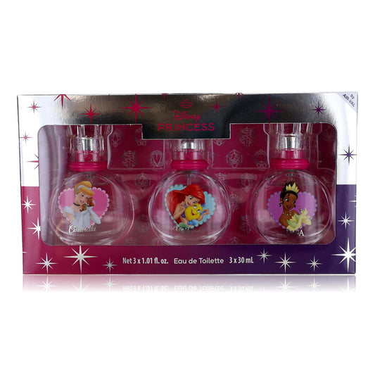 3-piece girls eau de toilette gift set with three pink princess-themed bottles